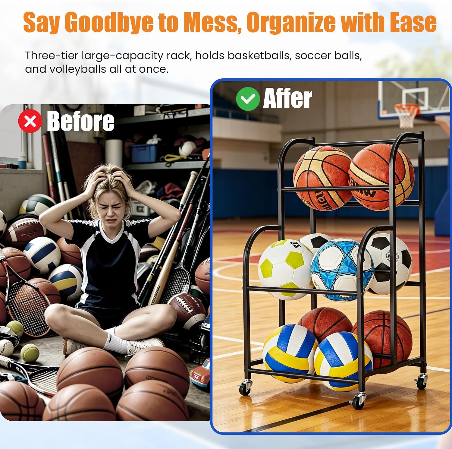Basketball Rack with Wheels - Space-Saving Vertical Ball Storage for Basketball, Football, Soccer, Rolling Ball Rack for Garage & Outdoor, Heavy-Duty Ball Holder Organizer