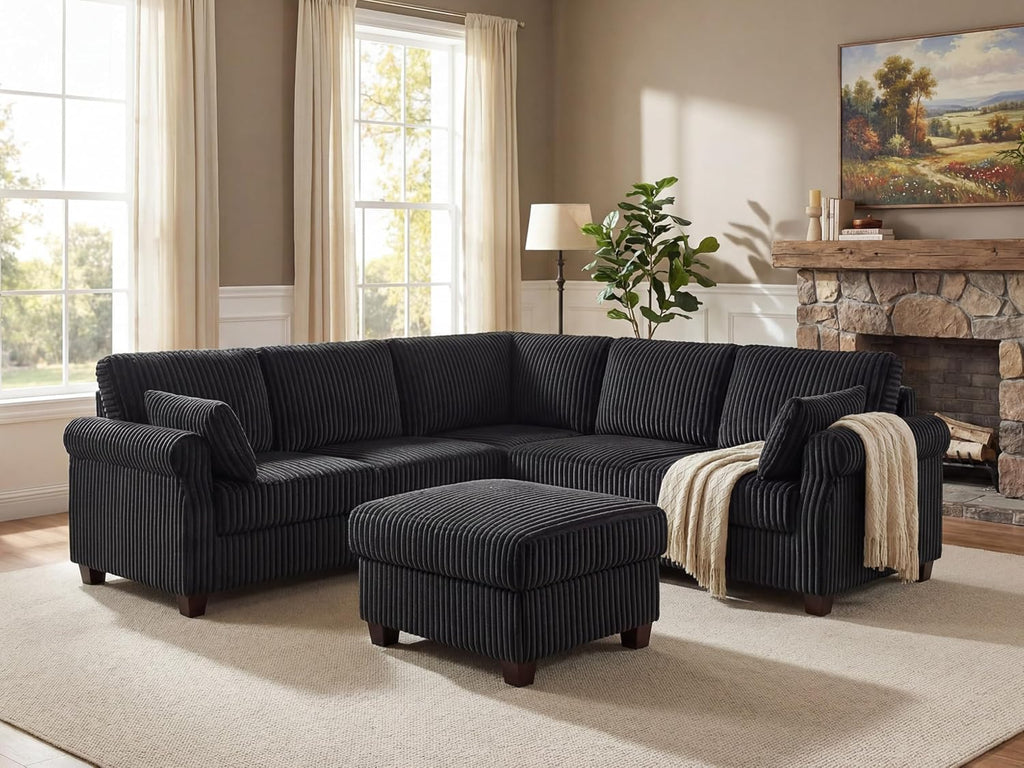 90.6" V-Shaped Modular Sectional Sofa with Storage Ottoman, 6-Seat Corduroy Corner Couch with Deep Seat, Oversized Upholstered Sectional for Living Room, Bedroom, Apartment