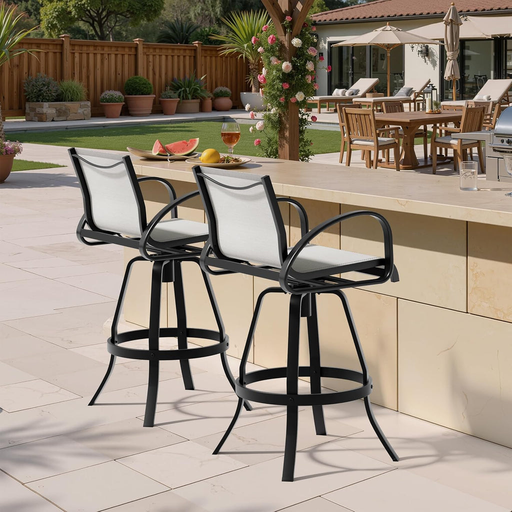 Pellebant 30" Aluminum Outdoor Bar Stools Set of 2, Sunbrella Swivel Patio Bar Height Bar Stools with Back & Footrest, Rust-Proof Patio Bar Stools for Deck Lawn Garden, White