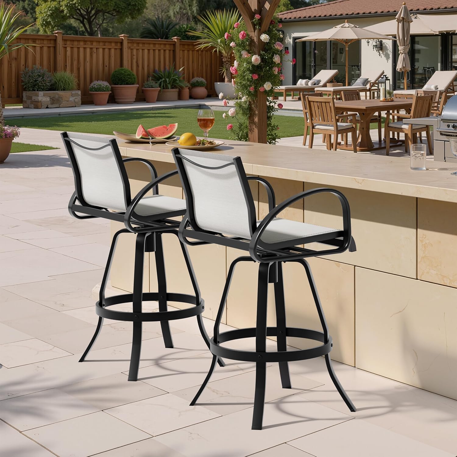 Pellebant 30" Aluminum Outdoor Bar Stools Set of 2, Sunbrella Swivel Patio Bar Height Bar Stools with Back & Footrest, Rust-Proof Patio Bar Stools for Deck Lawn Garden, White