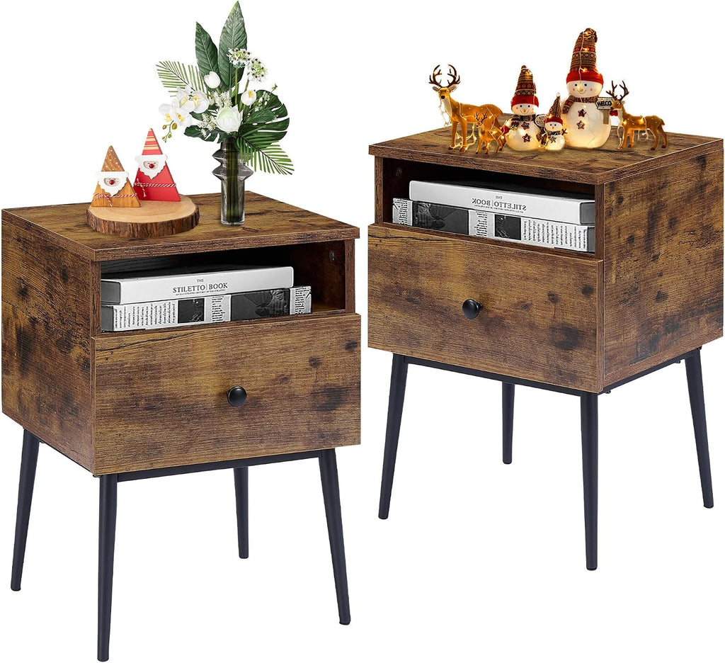VECELO Night Stand for Bedroom Set of 2,Modern Solid Wood Nightstand with Storage Shelf and Drawer, Bedside Table End Table for Living Room,Bedroom,Entryway,Easy Assembly,Vintage Brown