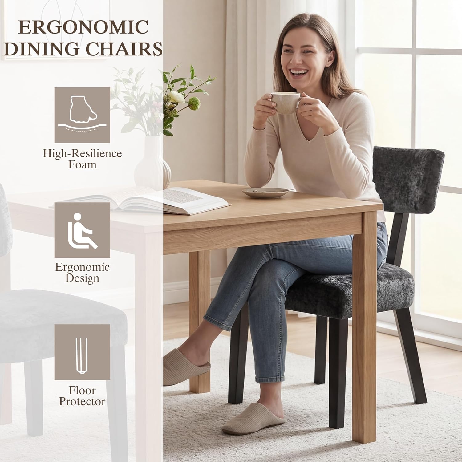 GOTMINSI Mid Century Modern Dining Chairs,Velvet Farmhouse Upholstered Kitchen Chairs, Accent Curved Backrest Dining Room Chairs with Hardwood Legs (Black, 4PCS)