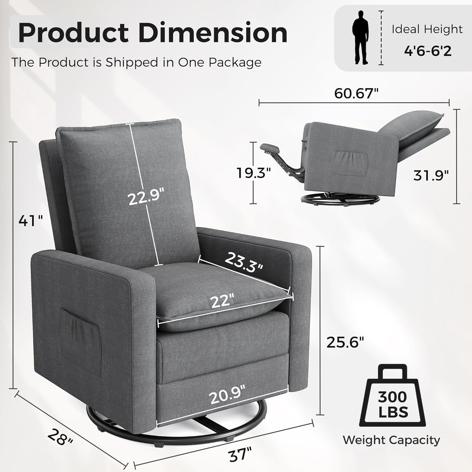 Swivel Glider Recliner for Adult Indoor Upholstered Lounge Nursery Chair Single Sofa with Side Pockets for Living Room Bedroom