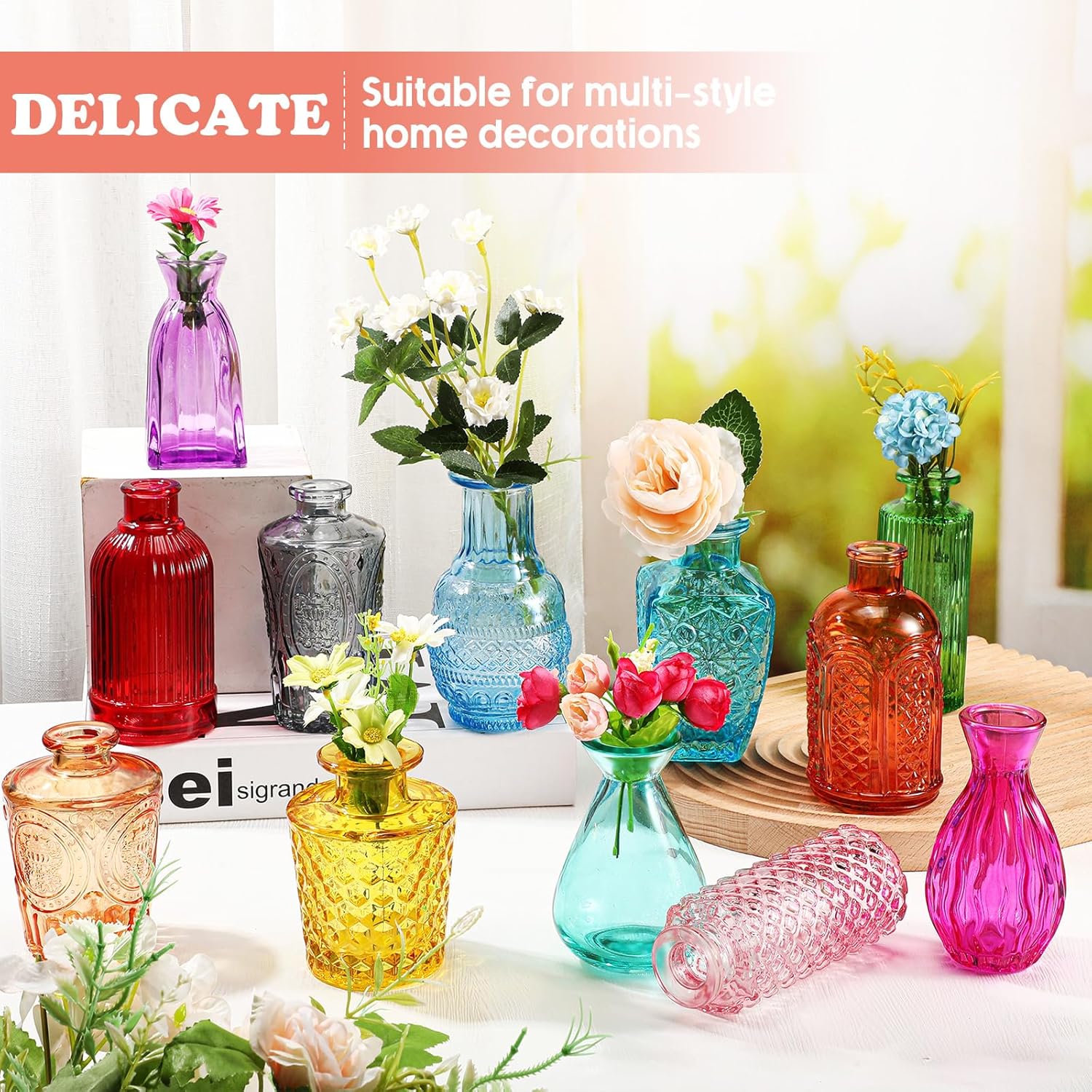 Dandat 24 Pieces Colored Small Vases Decorative Glass Bud Vases Rustic Embossed Colorful Bottles Vintage Glass Bottles for Flowers Home Wedding Decor Table Centerpieces Decorations, 12 Styles