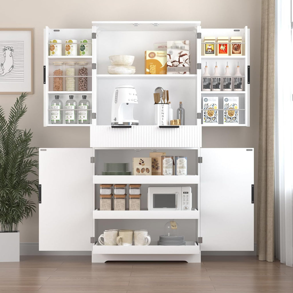 roomfitters 72" Tall Fluted Kitchen Pantry Cabinet with 4 Pull-Out Drawers & 6 Door Spice Racks, White