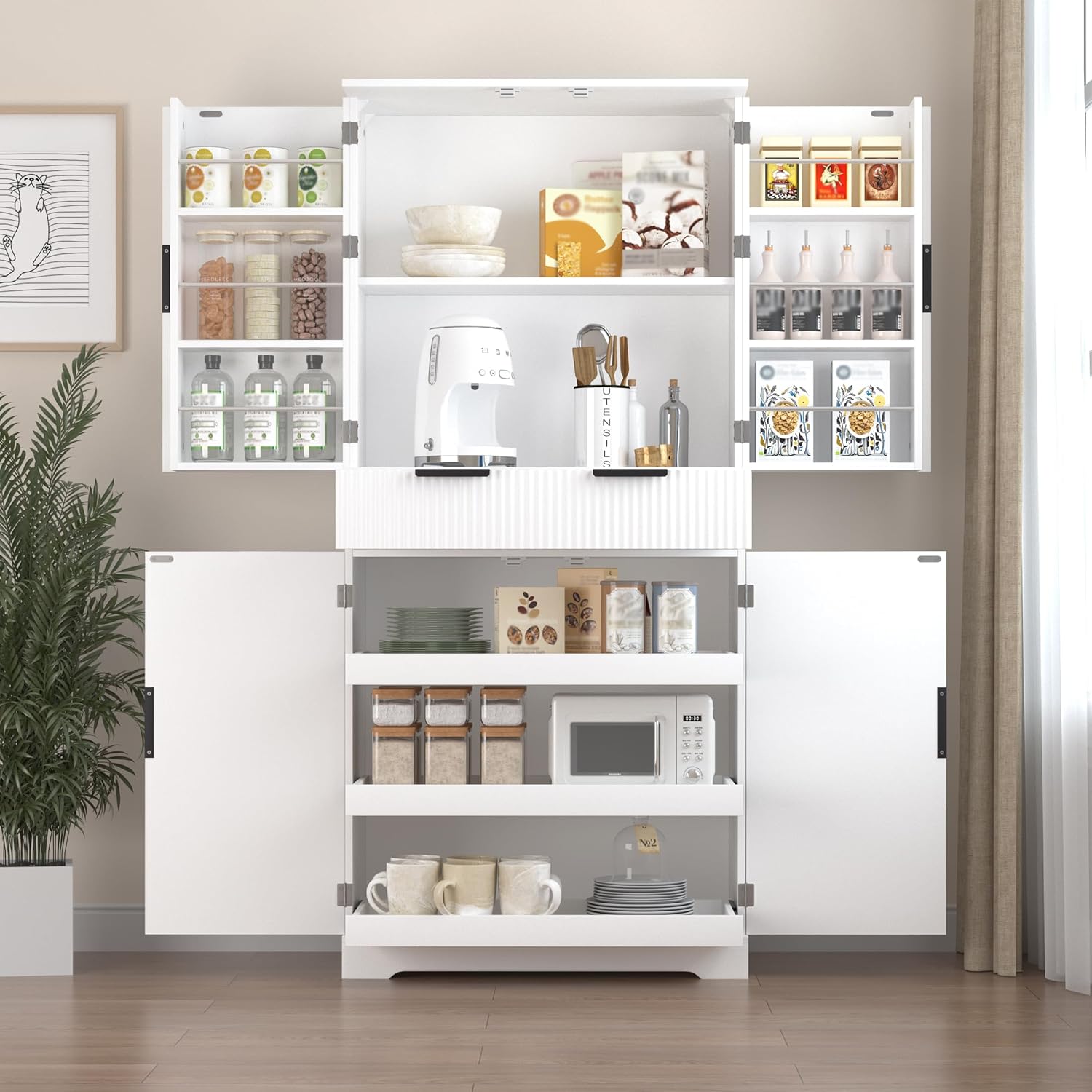 roomfitters 72" Tall Fluted Kitchen Pantry Cabinet with 4 Pull-Out Drawers & 6 Door Spice Racks, White