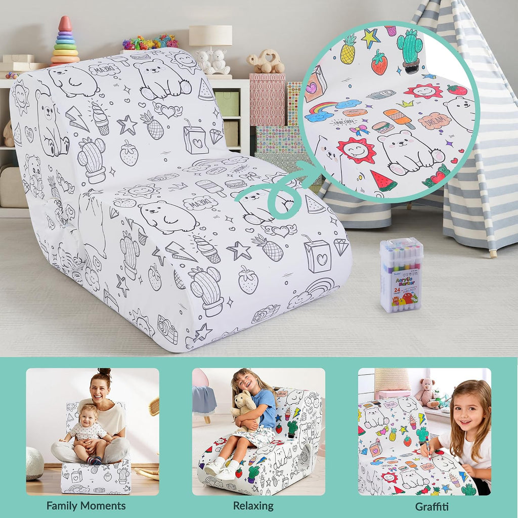 Graffiti Kids Couch Sofa，DIY Colorful Artistic Design, Ultra-Soft Comfort for Toddler Chair, Cute Graffiti Pattern Sofa for Girls and Boys, Comfy Toddlers Chairs for Bedrooms Living Rooms