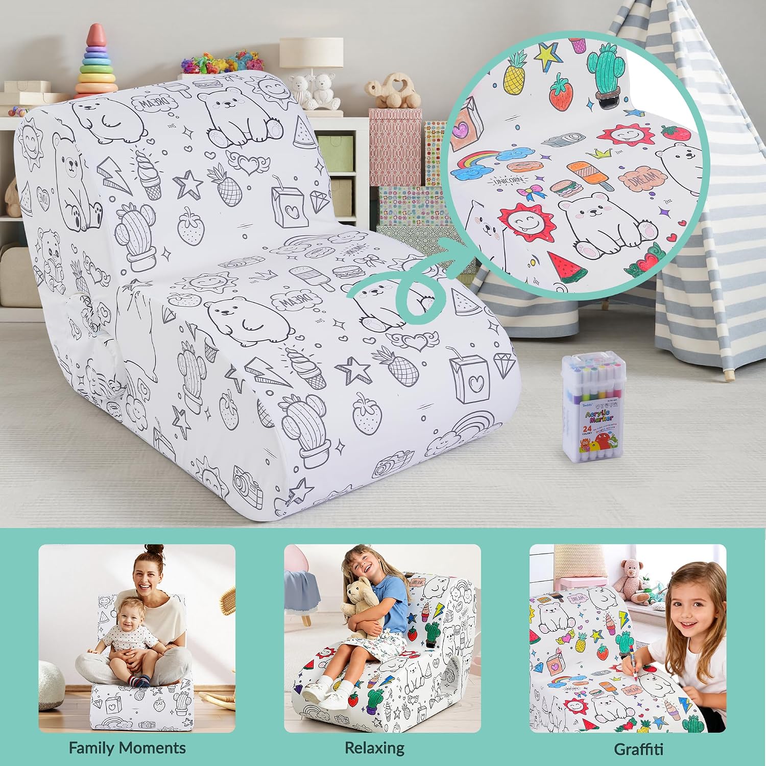 Graffiti Kids Couch Sofa，DIY Colorful Artistic Design, Ultra-Soft Comfort for Toddler Chair, Cute Graffiti Pattern Sofa for Girls and Boys, Comfy Toddlers Chairs for Bedrooms Living Rooms