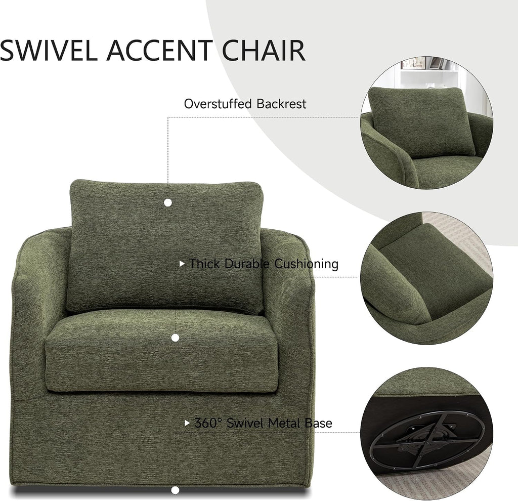 MINCETA Swivel Accent Chairs, Oversized Swivel Barrel Chair with High Density Foam, Linen Fabric Reading Chairs, Upholstered Armchair for Living Room, Bedroom, No Assembly, Green