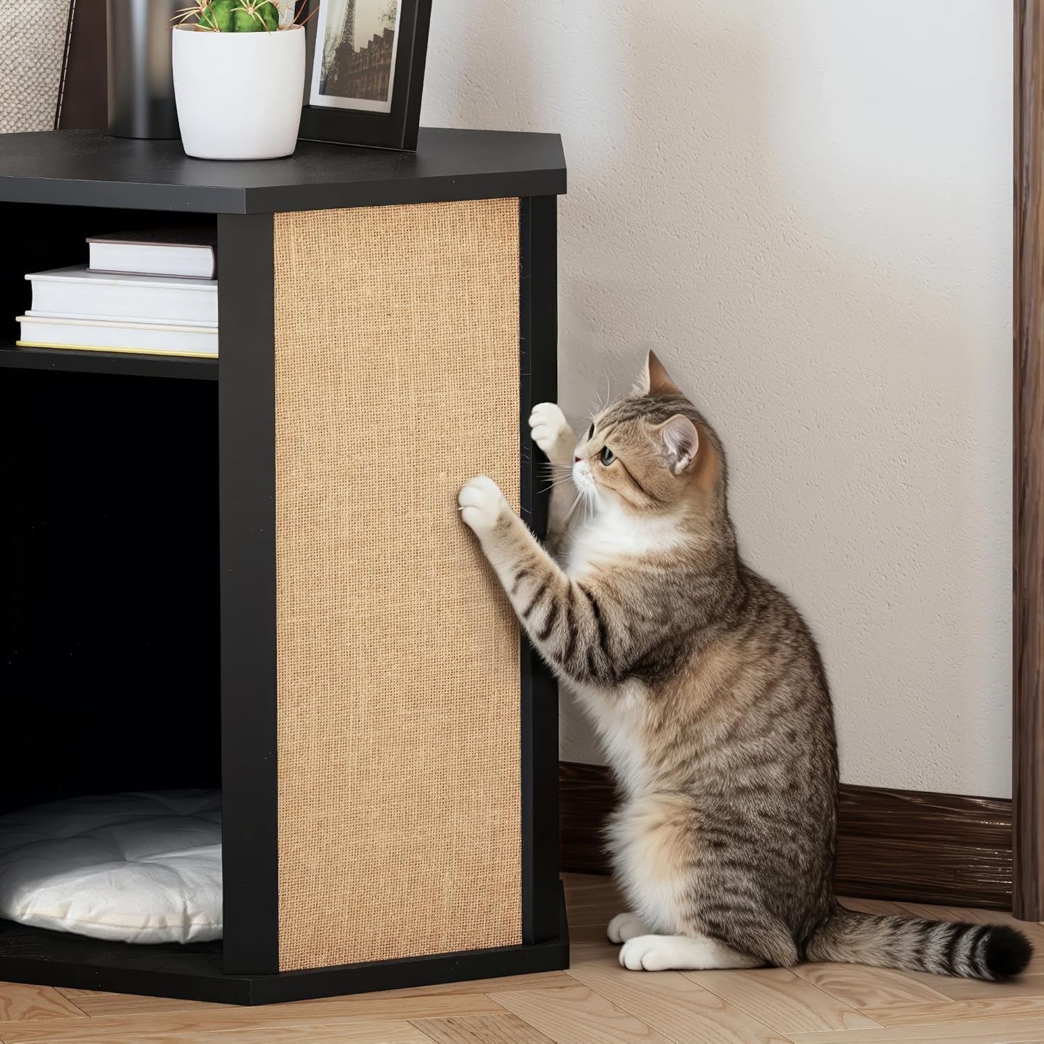 COZAYH Modern Cat House End Table with Sisal Scratching Panels, Hidden Cat Bed Side Table with Removable Washable Cushion, Pine Wood, Cat Condo Nightstand, Easy to Clean, Multifunctional, Black