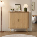BORNOON Buffet Cabinet with Storage, Curved-Edge Fluted Storage Cabinet Sideboard, Modern Black Sideboard Buffet with Adjustable Shelves & Sliding Door for Dining Room, Kitchen, Entryway (Oak)