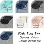 Heritage Kids Folding Faux Fur Saucer Chair 23 Inch Comfortable Plush Lounge Seating Soft Lightweight Portable Children Bedroom Playroom Modern Home Furniture Black