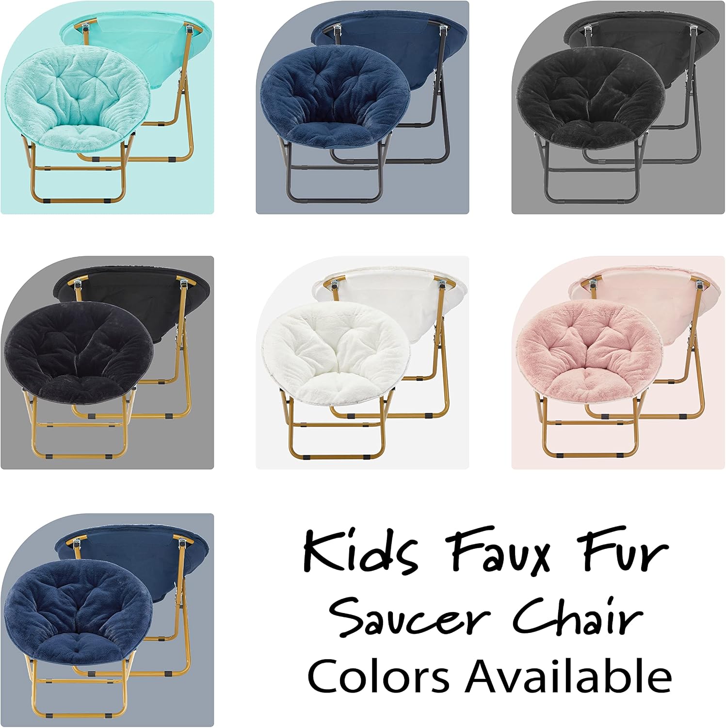 Heritage Kids Folding Faux Fur Saucer Chair 23 Inch Comfortable Plush Lounge Seating Soft Lightweight Portable Children Bedroom Playroom Modern Home Furniture Black
