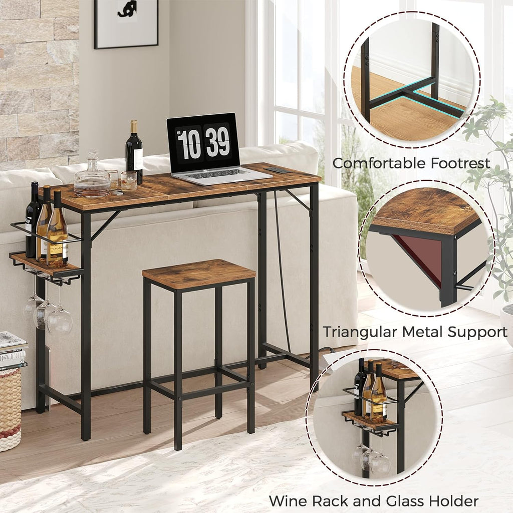 MAHANCRIS Bar Table, 35.4-Inch Counter Height Pub Table with Charging Station, Rectangular Dining Table with Wine Rack and Glass Holder, High Top Cocktail Tables, for Kitchen (Only Table)