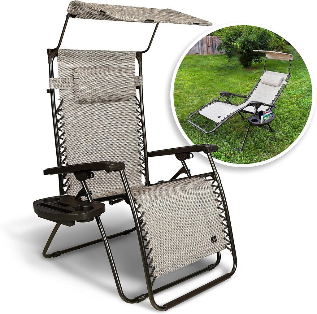 Bliss Hammocks 2 Pack 30" Wide XL Zero Gravity Outdoor Lounge Chair, Adjustable Patio Furniture with Canopy and Side Table, 360 lb Capacity, Sand