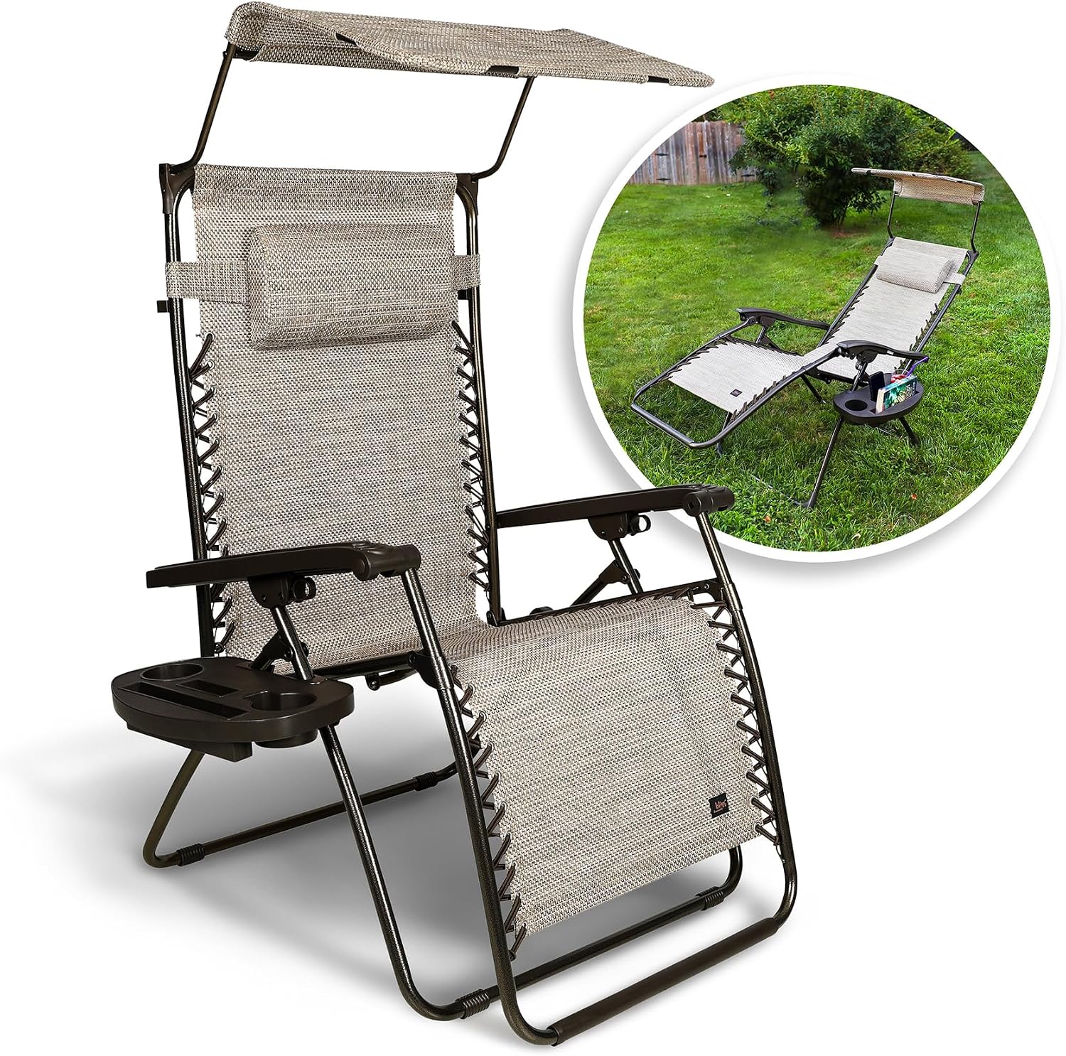Bliss Hammocks 2 Pack 30" Wide XL Zero Gravity Outdoor Lounge Chair, Adjustable Patio Furniture with Canopy and Side Table, 360 lb Capacity, Sand