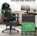 Ergonomic Gaming Chair, Wyrdforging Computer Desk Chairs, 4D Armrests, High Back Office Chair With Headrest & Lumbar Pillow, Tilt Rocker Recliner, Heavy-Duty Base, Black PU Leather & Green Suede Combo