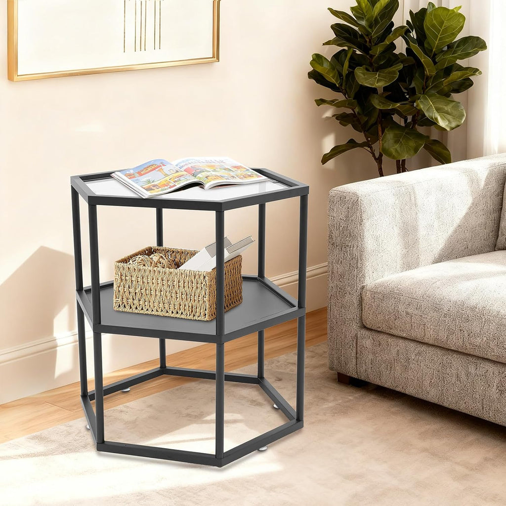 Side Table, Modern Coffee Tables with 2-Tier Storage with Metal Frame, Hexagon Glass Center Table for Living Room Bedroom Office Apartments Decor