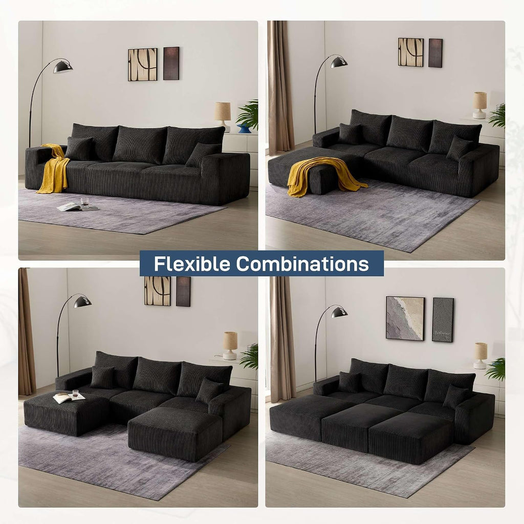 Living&Giving Boneless Couch Sectional Couch for Living Room, 113" Large Capacity Adjustable U-Shaped Modular Sofa, No Assembly Soft Corduroy Sofa Set for Bedroom, Playroom (Black)