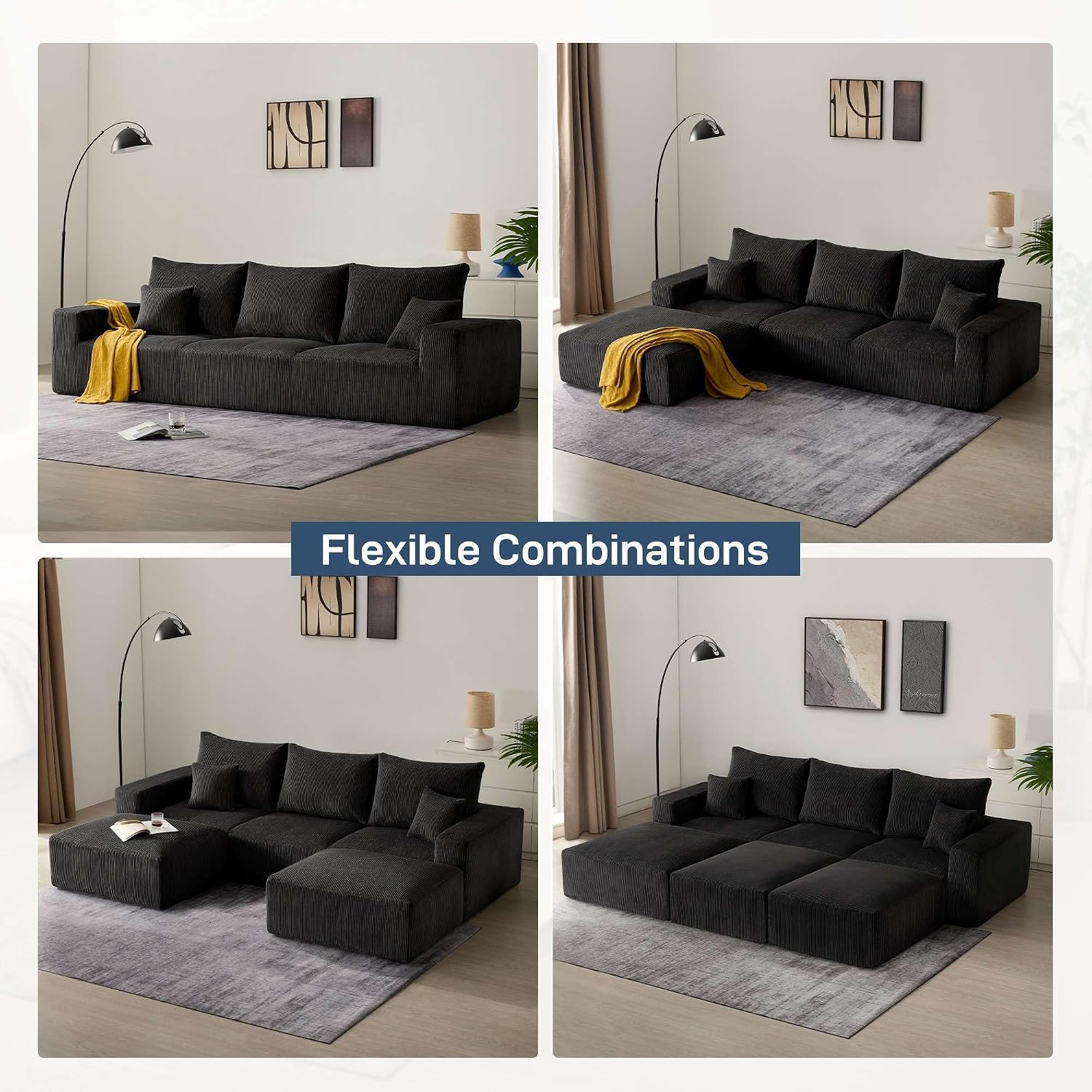 Living&Giving Boneless Couch Sectional Couch for Living Room, 113" Large Capacity Adjustable U-Shaped Modular Sofa, No Assembly Soft Corduroy Sofa Set for Bedroom, Playroom (Black)