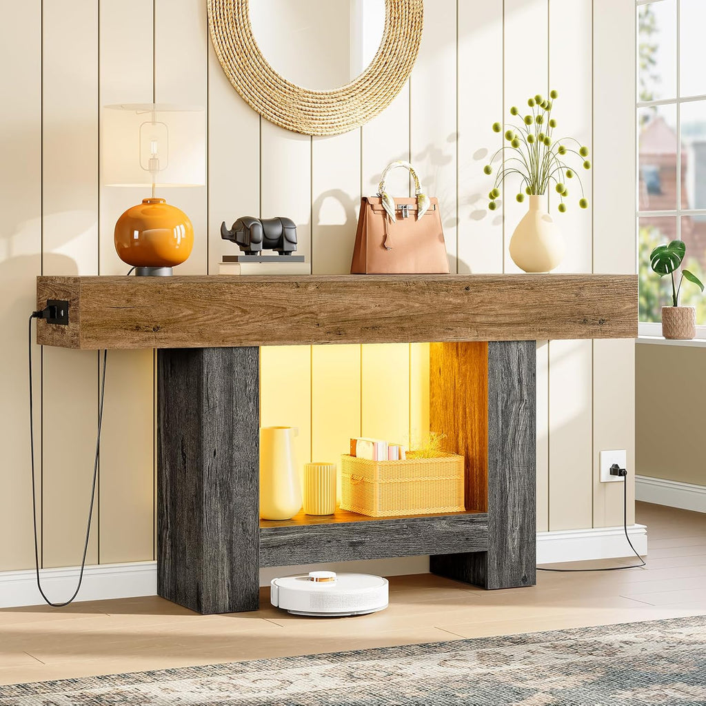 TEENFON 63" Console Tables for Entryway, Sofa Table, Behind The Couch Table with Charging Station and LED Lights, Farmhouse Entryway Table for Entrance, Hallway, Living Room