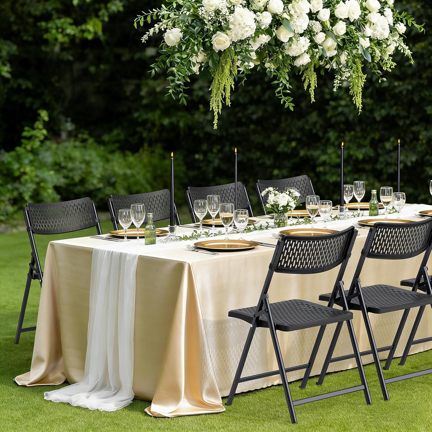 Black Folding Chairs 4-Pack, Breathable Plastic for Card Tables & Indoor Outdoor, Easy-Clean & Supports 400 Lbs