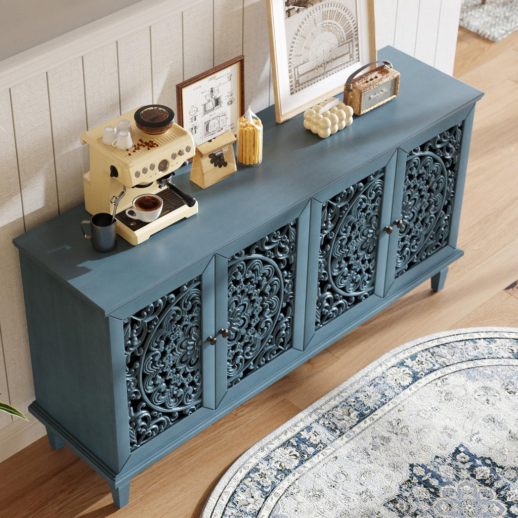Sideboard Buffet Credenza Cabinet, 4-Door Hollow-Carved Accent Buffet, 60" Large Vintage Distressed Sideboard Storage Cabinet for Kitchen, Living Room,Entryway, Blue