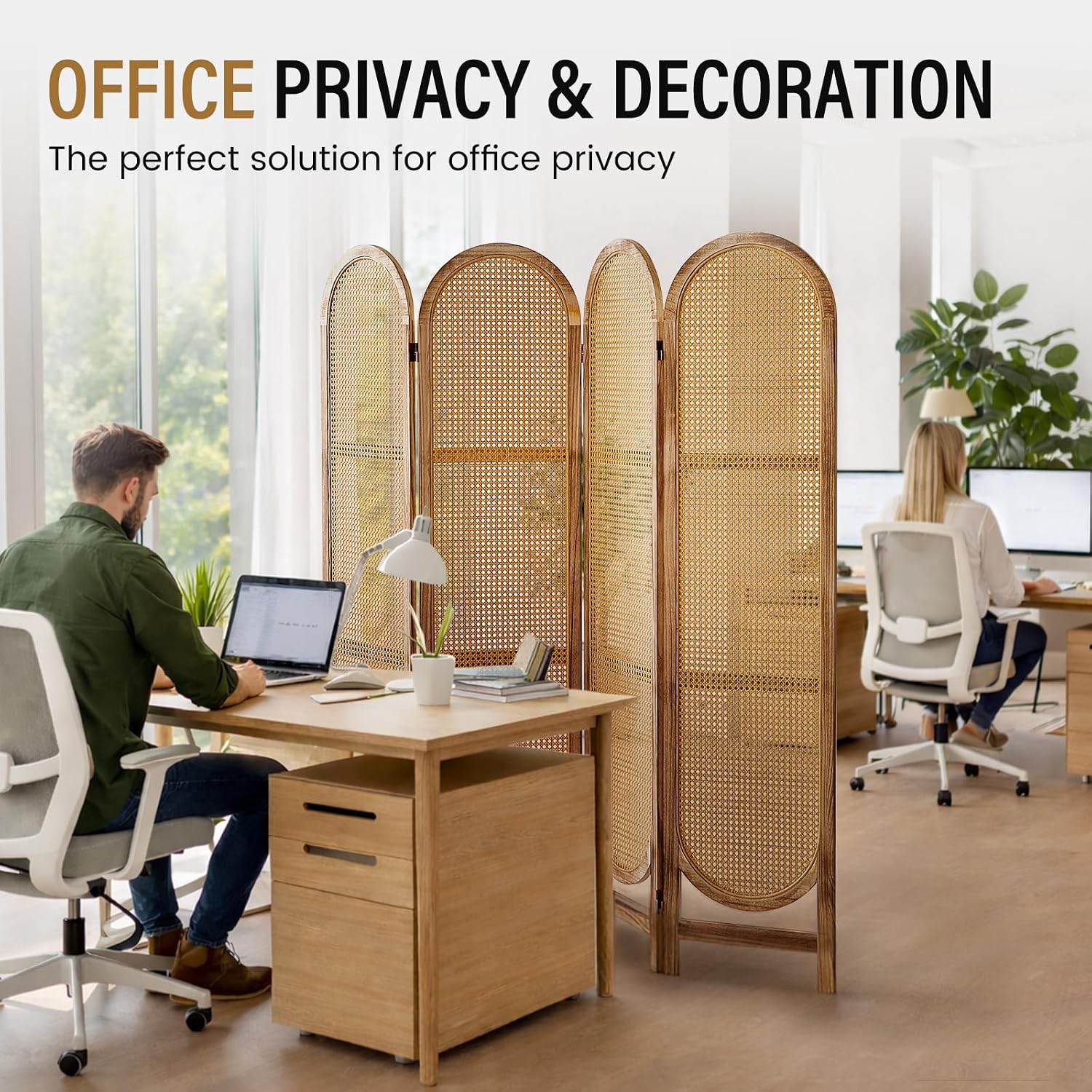 Arched Rattan Room Divider 5.6 Ft Folding Privacy Screen, 4 Panel Freestanding Room Partition with Double Hinges, Lightweight Paulownia Wood Divider for Bedroom, Restaurant, Office, Natural