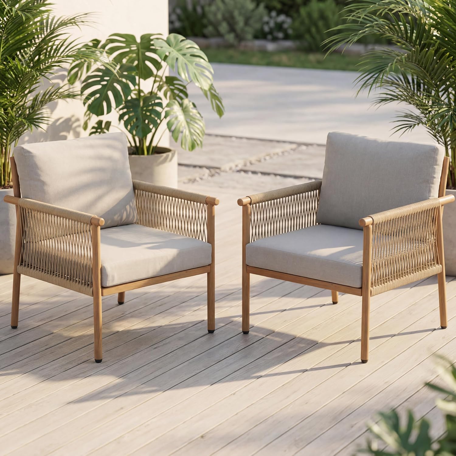 Outdoor Accent Chair, Patio Lounge Chair Set of 2, Hand-Woven Rope with Waterproof Cushions, All-Weather Patio Accent Chairs for Garden, Balcony, Poolside, Grey+Mocha Rope