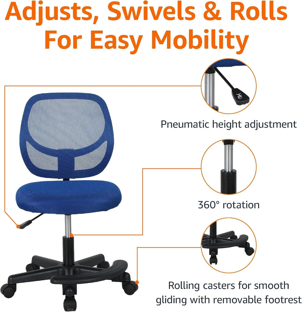 Amazon Basics Kids Adjustable Height Mesh Low-Back Swivel Desk Chair with Footrest, Rolling Study Chair, Armless, Blue