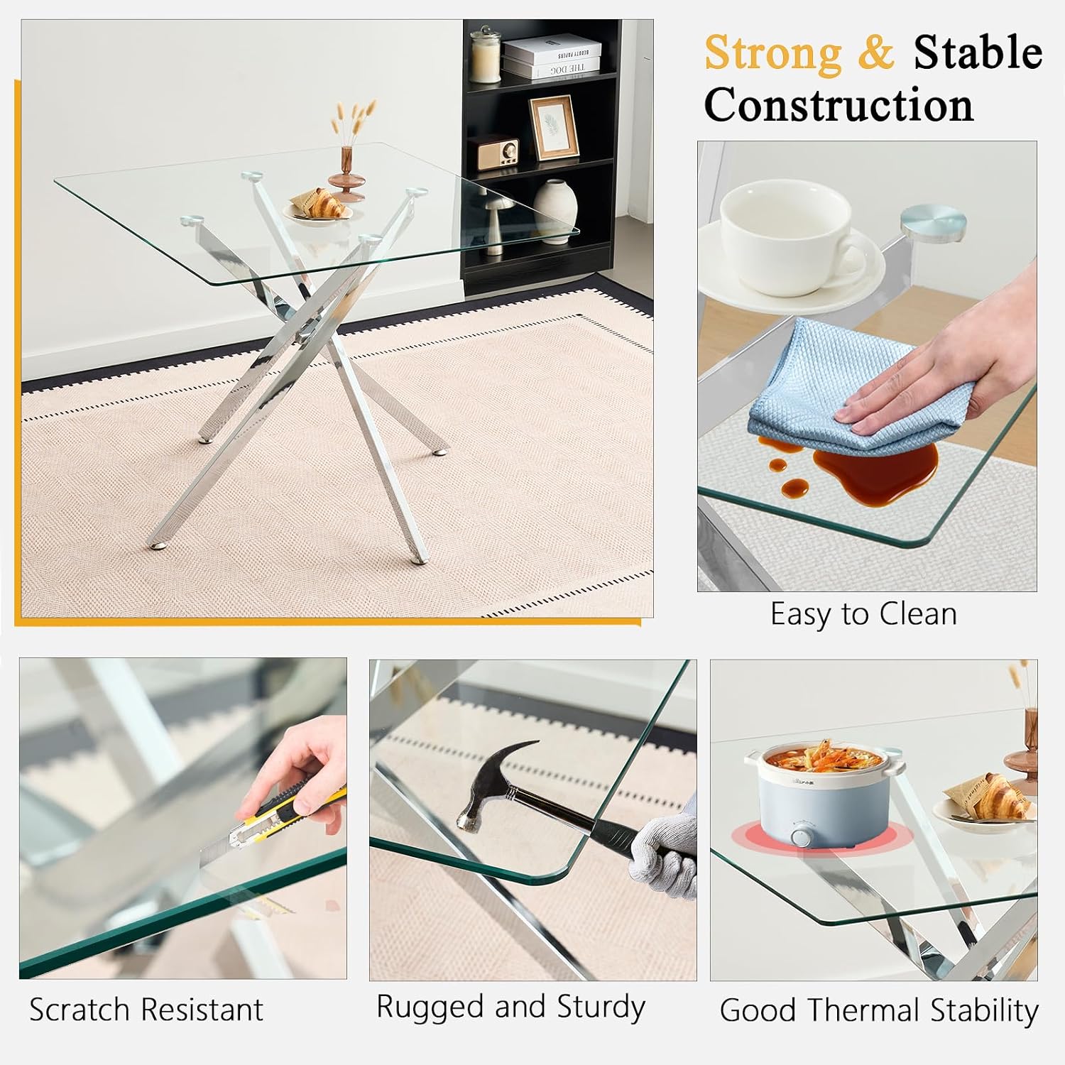 36 inch Square Glass Dining Table, Modern Dining Table for 4, Square Kitchen Table with Tempered Glass Top & Silver Chrome Metal Legs for Dining Room, Living Room, Apartment, Small Space