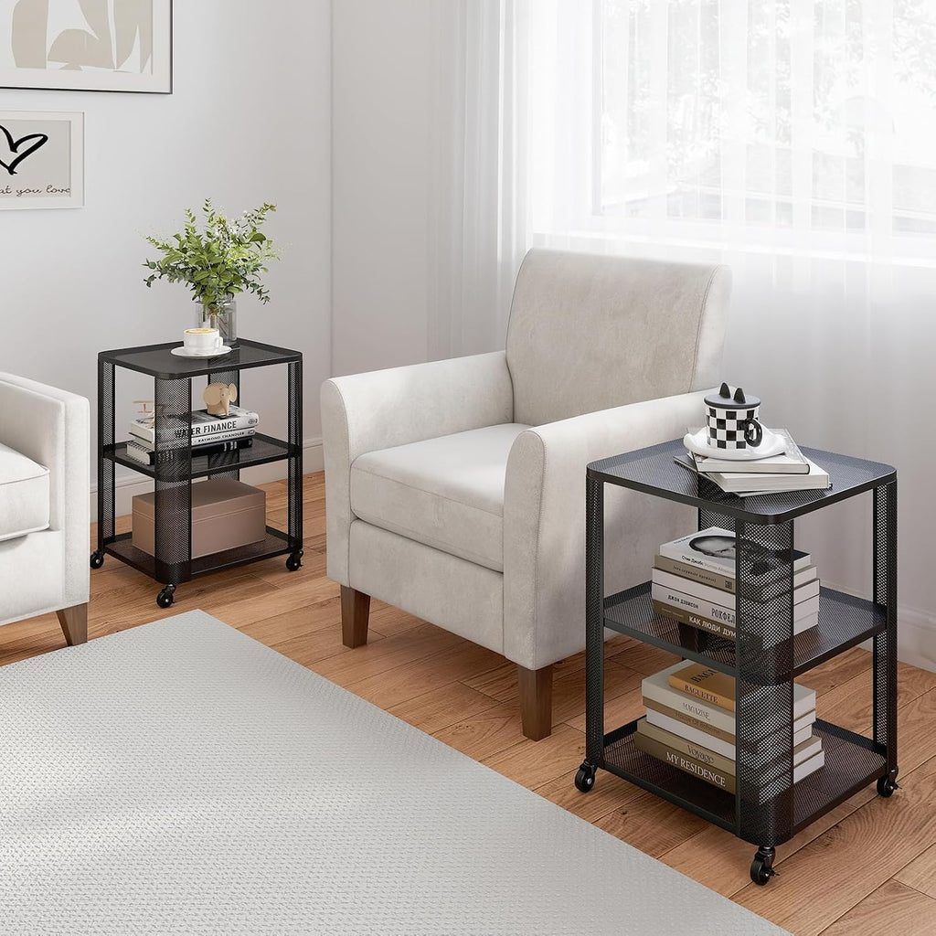 Giantex 3-Tier End Table, Rolling Side Table w/Open Storage Shelves, Sturdy Mesh Metal Frame & Lockable Wheels, Mobile Small Bedside Night Stand for Bedroom Living Room Office