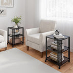 Giantex 3-Tier End Table, Rolling Side Table w/Open Storage Shelves, Sturdy Mesh Metal Frame & Lockable Wheels, Mobile Small Bedside Night Stand for Bedroom Living Room Office