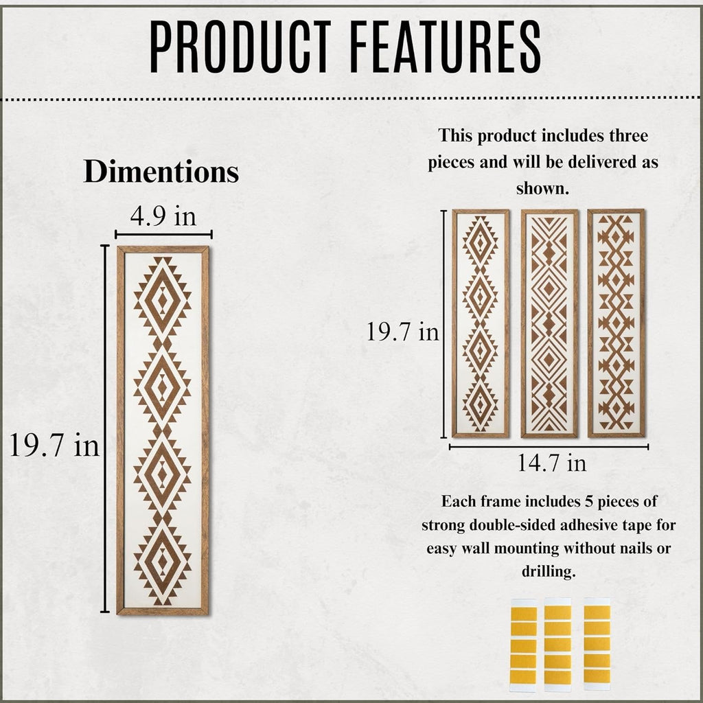X DELUXE Minimalist Aztec Wood Wall Decor Set of 3 Geometric Scandinavian Boho Hanging Panels for Living Room Bedroom Hallway Office Modern Tribal MDF Wall Art Vertical Decorative Interior Accent