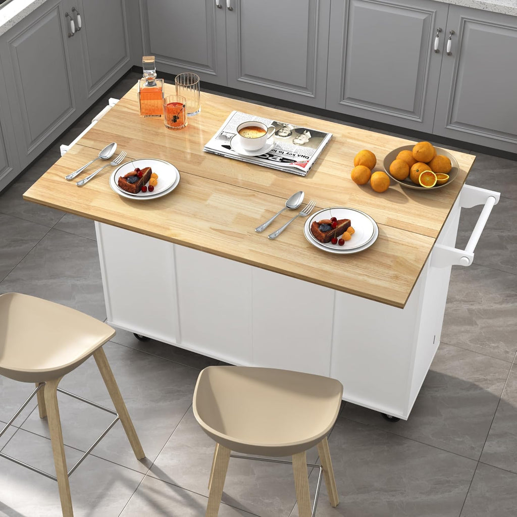 Squireewo 55" Kitchen Cart with Wood Top and Drop Leaf Breakfast Bar, Rolling Mobile Kitchen Island Table on Wheels with Drawer and Storage Cabinet, Spice Rack, Towel Rack, White