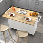 Squireewo 55" Kitchen Cart with Wood Top and Drop Leaf Breakfast Bar, Rolling Mobile Kitchen Island Table on Wheels with Drawer and Storage Cabinet, Spice Rack, Towel Rack, White