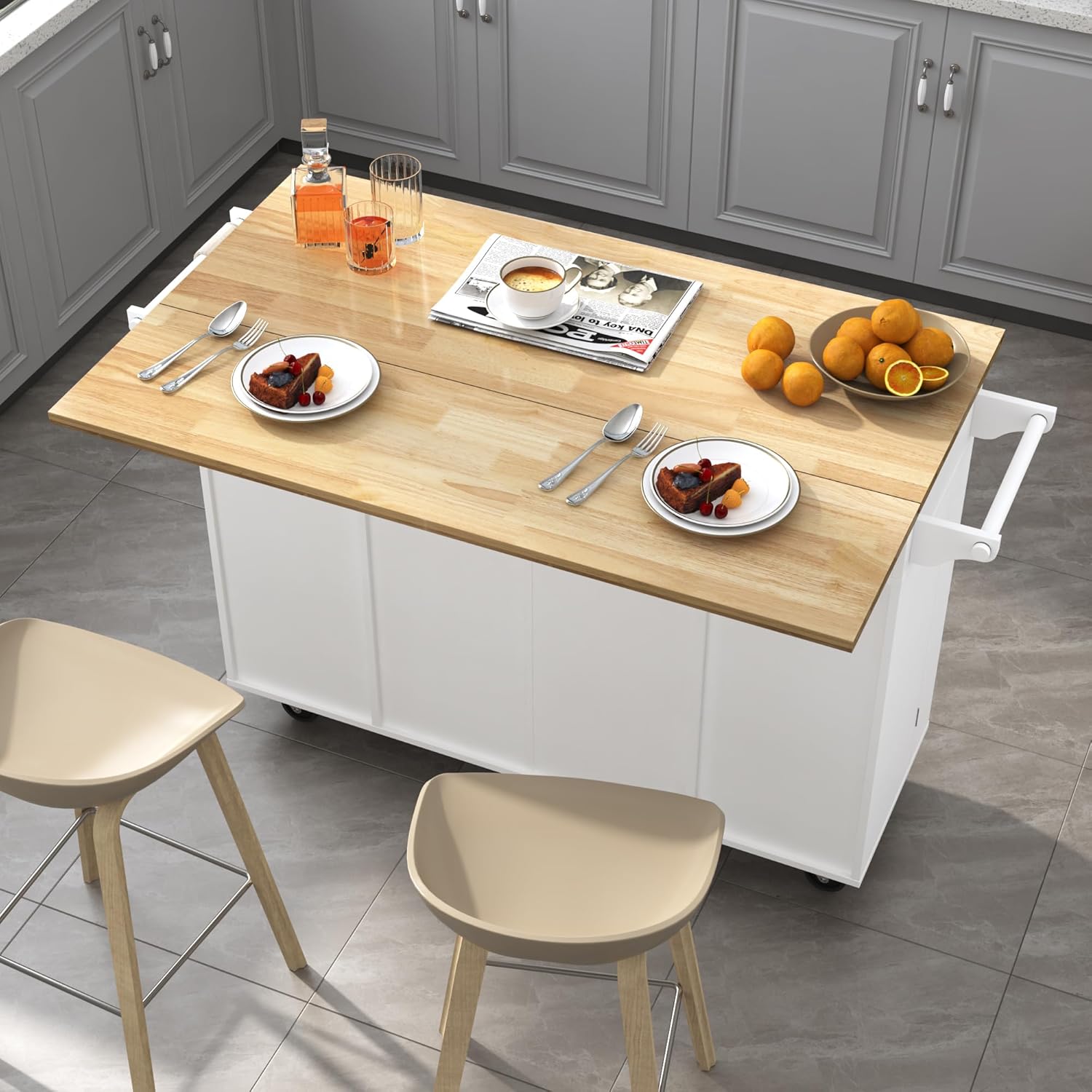 Squireewo 55" Kitchen Cart with Wood Top and Drop Leaf Breakfast Bar, Rolling Mobile Kitchen Island Table on Wheels with Drawer and Storage Cabinet, Spice Rack, Towel Rack, White