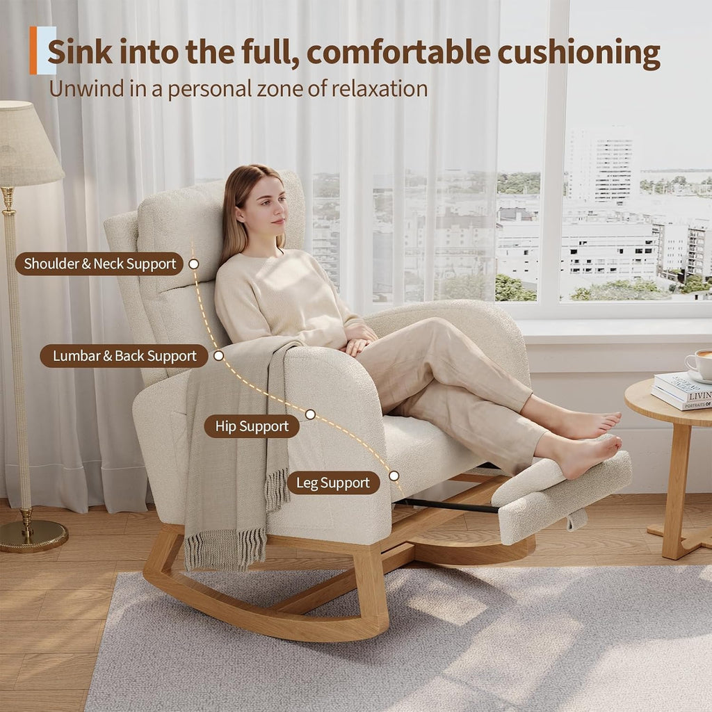GarveeHome Rocking Chair, Nursery Glider Chair with Footrest, White | Modern Teddy Fleece Rocking Chair with Side Pocket and Pillow, Rocker Chair for Living Room Bedroom Nursing Room
