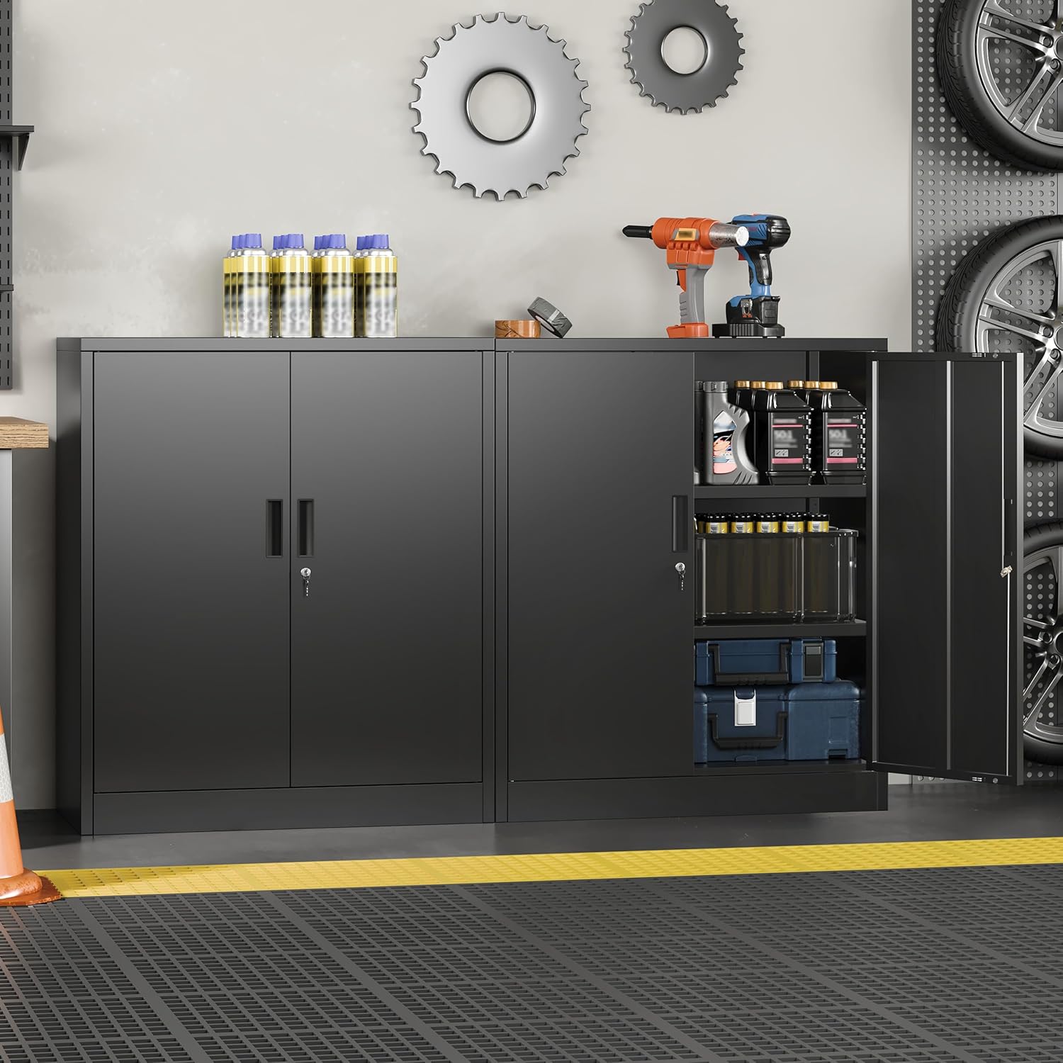 Metal Storage Cabinet, 36" Locking Steel Cabinet with 2 Doors and 2 Adjustable Shelves for Garage, Home, Office, Kitchen (Black, 36" H x 32" W x 16" D)