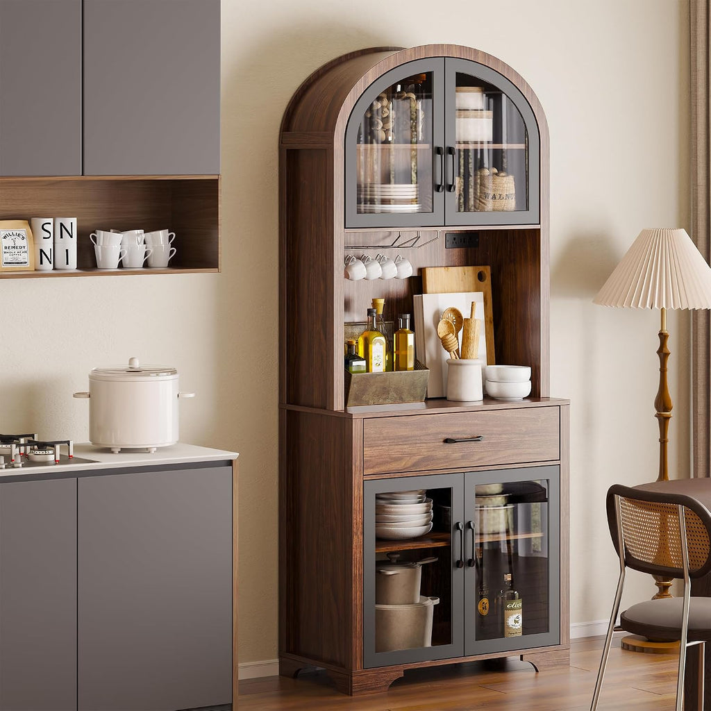 Tall Arched Kitchen Pantry Cabinet, Farmhouse Coffee Bar Cabinet with Storage, Kitchen Hutch Storage Cabinet with Countertop and Charging Station, Dining Room Kitchen Hutch Cabinet with Storage