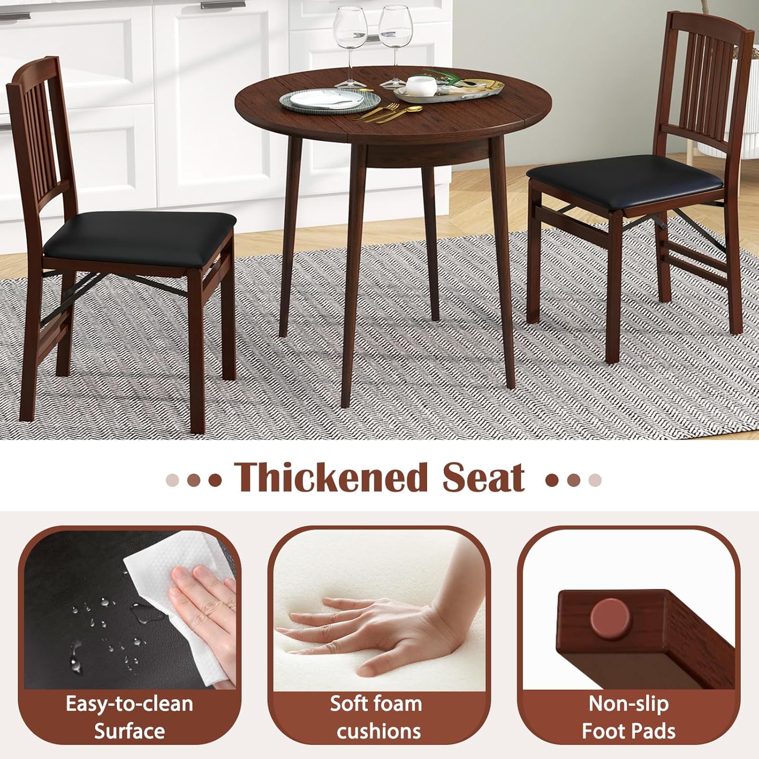 POWERSTONE Folding Dining Chairs Set of 4, Space Saving Foldable Kitchen Chairs with Padded Seat, Slatted Backrest, Solid Wood Frame, No Assembly for Dining Room Apartment Small Spaces