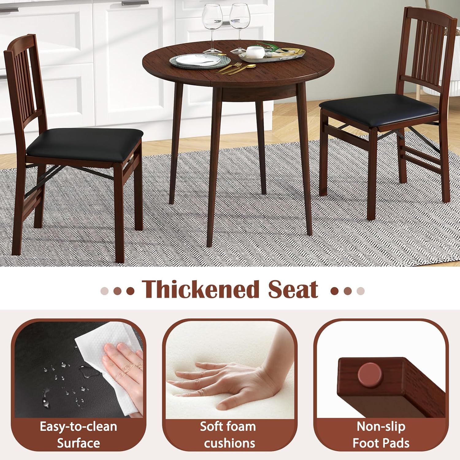 POWERSTONE Folding Dining Chairs Set of 2, Space Saving Foldable Kitchen Chairs with Padded Seat, Slatted Backrest, Solid Wood Frame, No Assembly for Dining Room Apartment Small Spaces