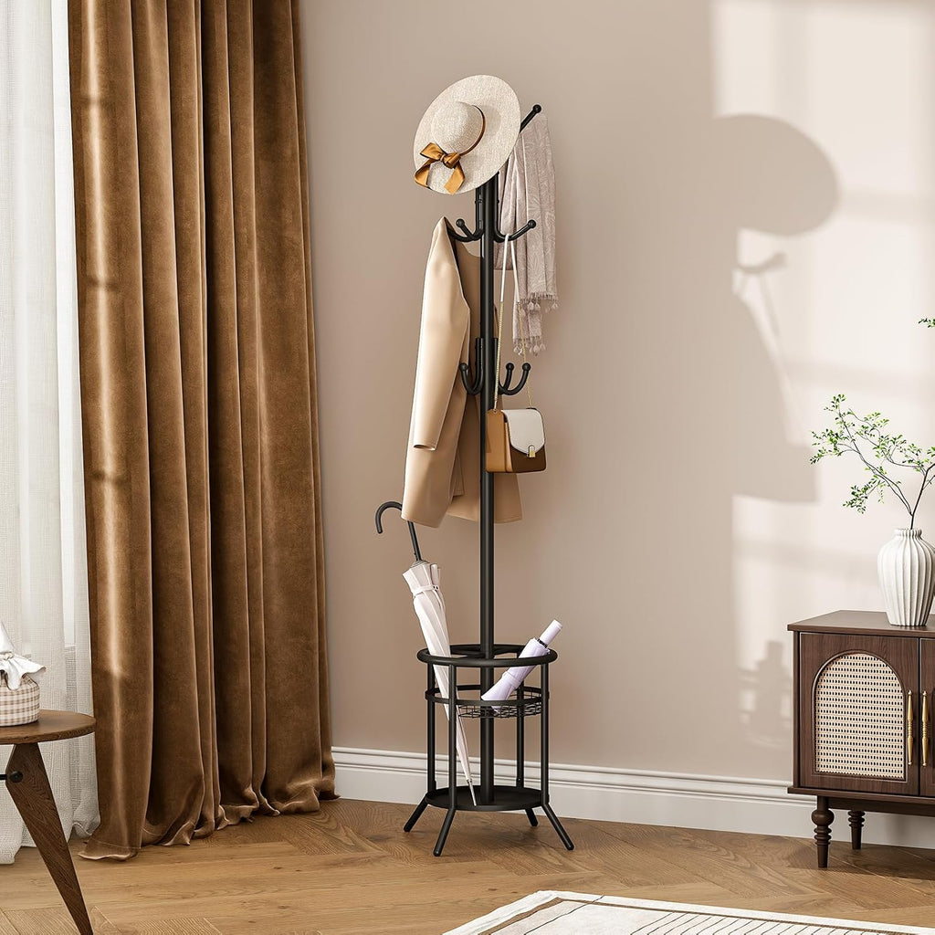 ELYKEN Coat Rack Freestanding, Metal Coat Rack with Umbrella Holder | 12 Hooks, Round Base, Heavy Duty Floor Standing Coat Tree for Entryway, Hallway, Living Room, Bedroom, Office, Black