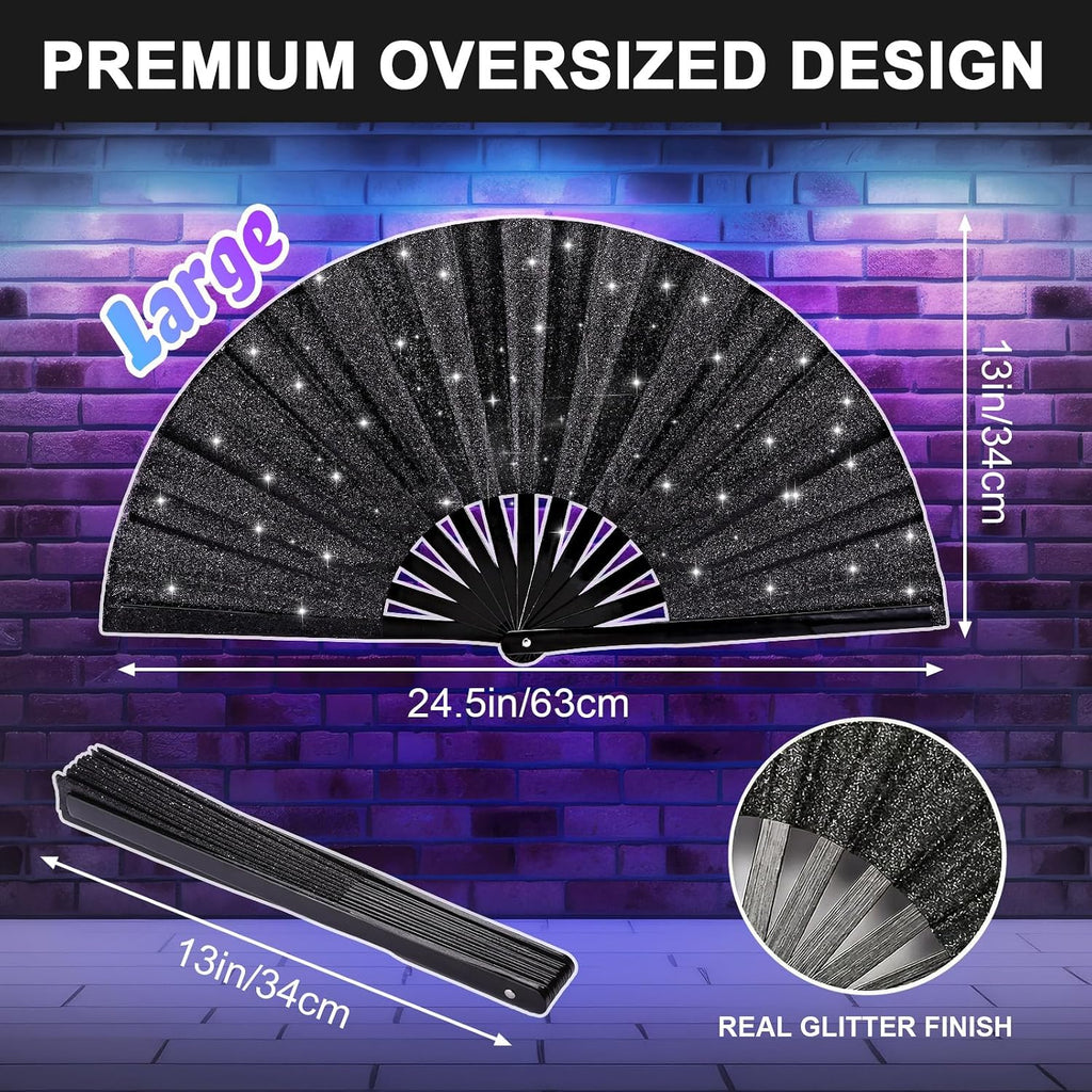 13" Glitter Large Rave Folding Fan with Holster, Popping Clack Hand Fan for Line Dancing for Women Men, Summer Music Party EDM Festival Club Party Dance