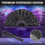 13" Glitter Large Rave Folding Fan with Holster, Popping Clack Hand Fan for Line Dancing for Women Men, Summer Music Party EDM Festival Club Party Dance