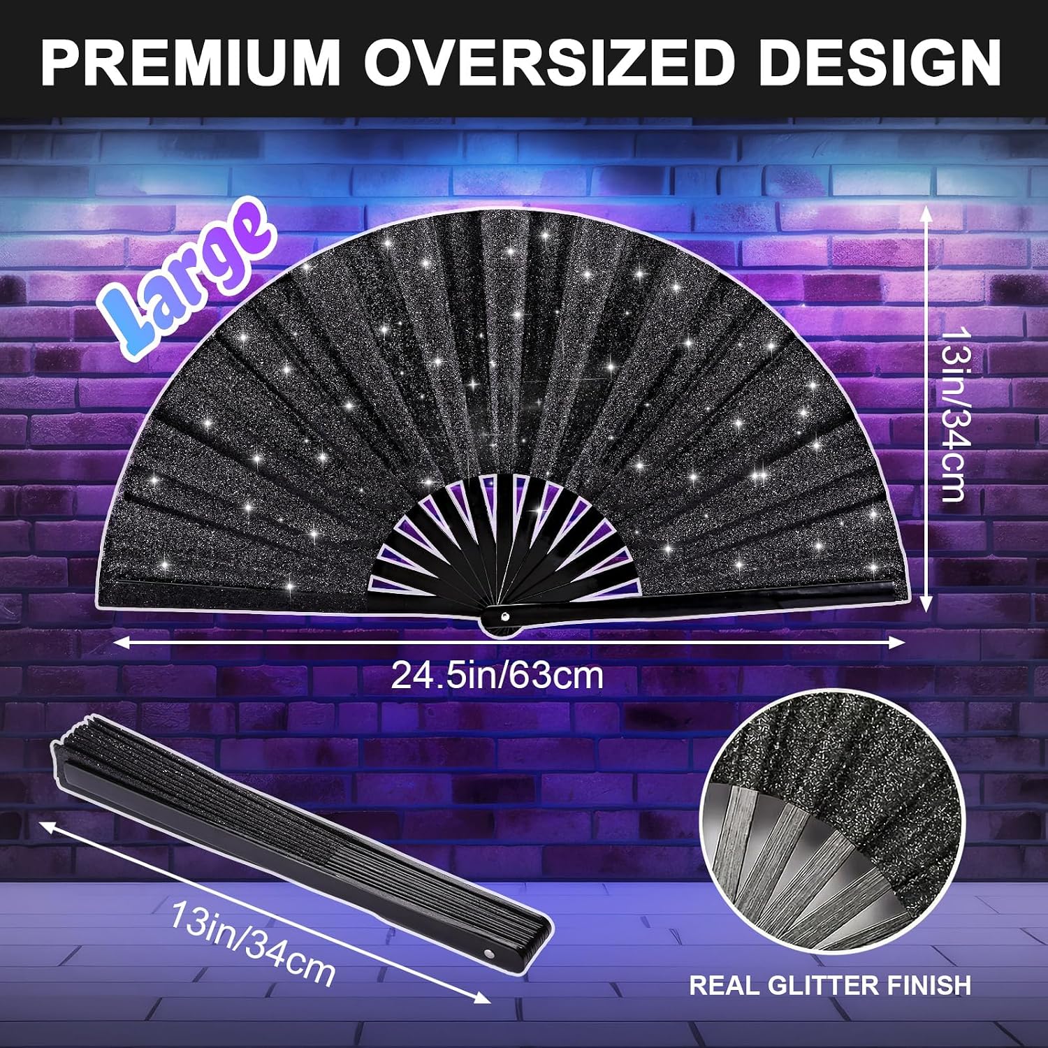13" Glitter Large Rave Folding Fan with Holster, Popping Clack Hand Fan for Line Dancing for Women Men, Summer Music Party EDM Festival Club Party Dance