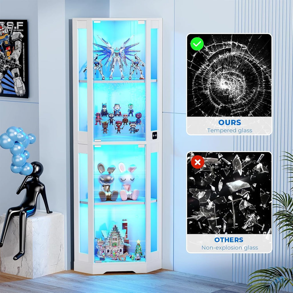 BROTTAR 65" Corner Glass Display Cabinet with LED Lights, 4-Tier Showcase Display Case with Glass Doors & Human Body Sensor, Curio Cabinet for Collectibles, Figure, Liquor, White