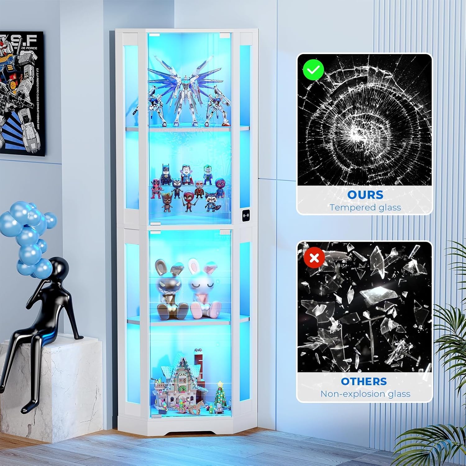 BROTTAR 65" Corner Glass Display Cabinet with LED Lights, 4-Tier Showcase Display Case with Glass Doors & Human Body Sensor, Curio Cabinet for Collectibles, Figure, Liquor, White