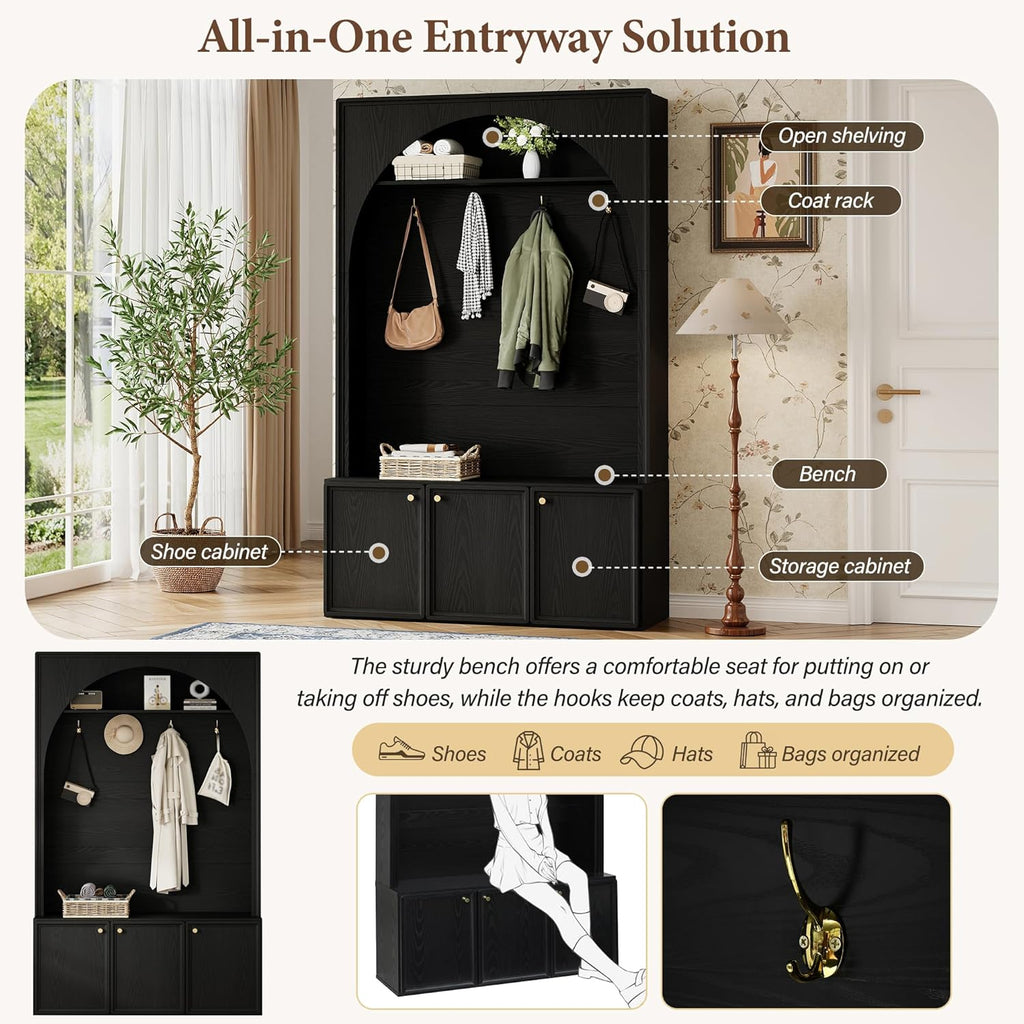Merax Farmhouse Hall Tree with Bench and 3 Cabinets, 4-in-1 Entryway Coat Rack with 4 Golden Hooks and Top Compartments, 77.5" Retro Arched Entryway Hall Tree for Hallway, Mudroom, Entrance, Black