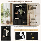 Merax Farmhouse Hall Tree with Bench and 3 Cabinets, 4-in-1 Entryway Coat Rack with 4 Golden Hooks and Top Compartments, 77.5" Retro Arched Entryway Hall Tree for Hallway, Mudroom, Entrance, Black